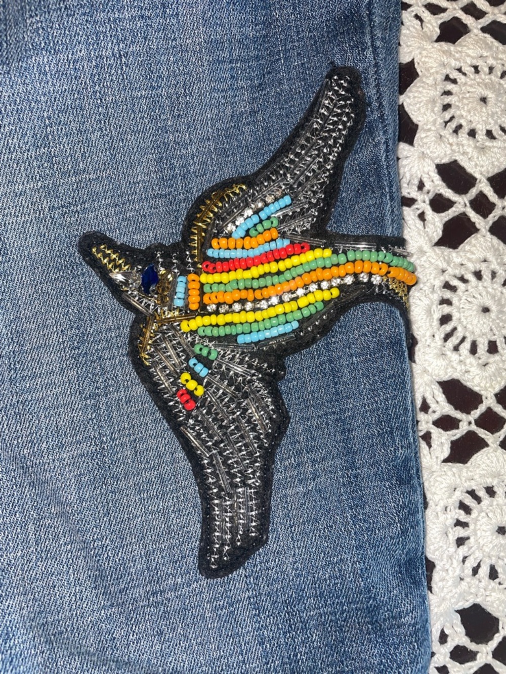 Laurie Felt Blue Skinny Jeans with Embroidered Bird & Floral Patches - Picture 3 of 7